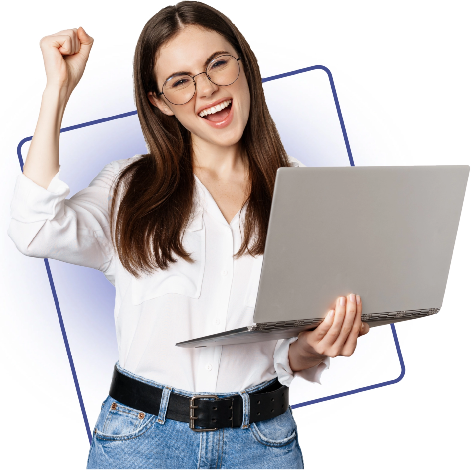 A woman smiling while holding a laptop, representing career opportunities.