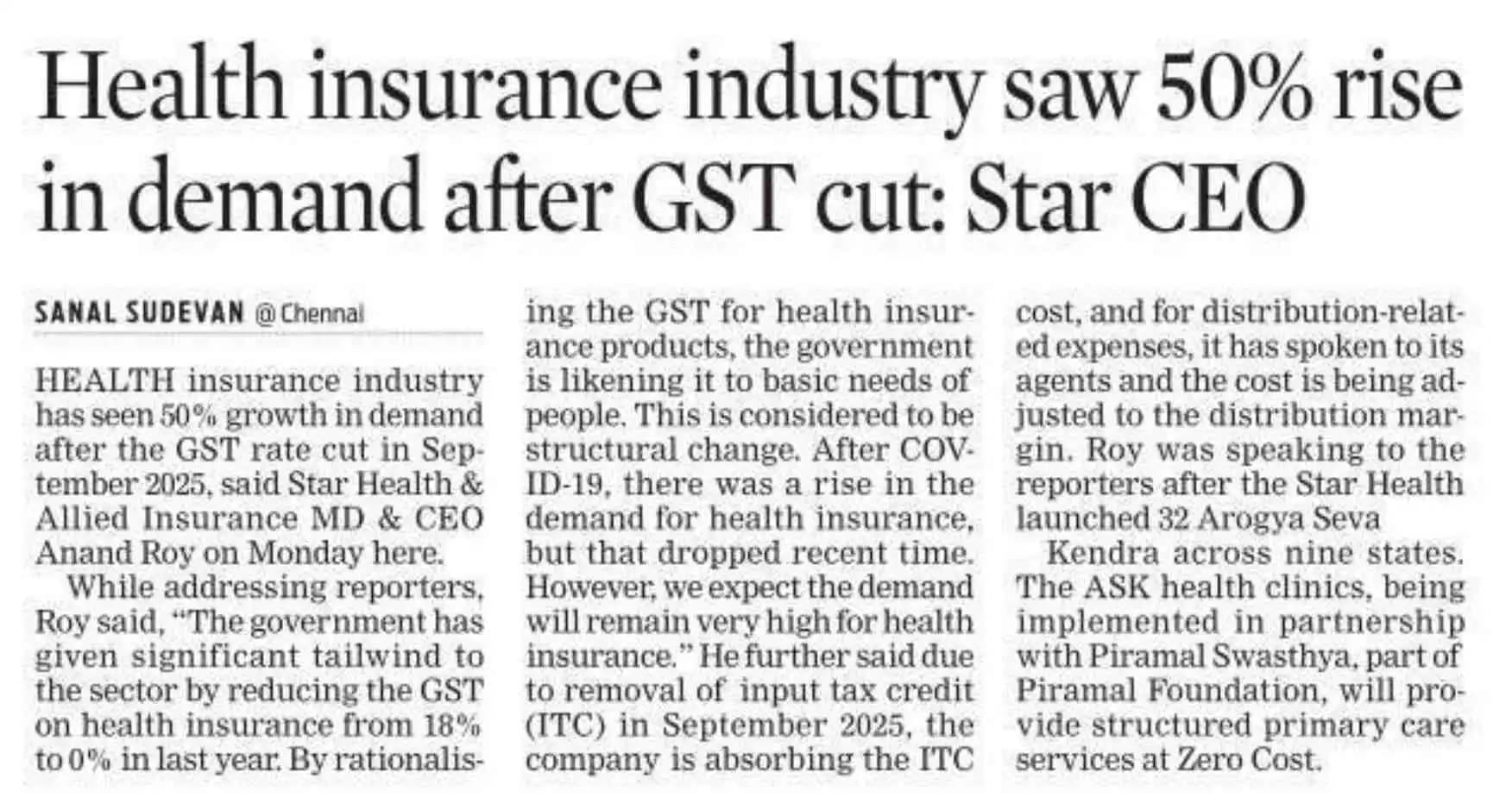 Health insurance industry saw 50% rise in demand after GST cut: Star CEO