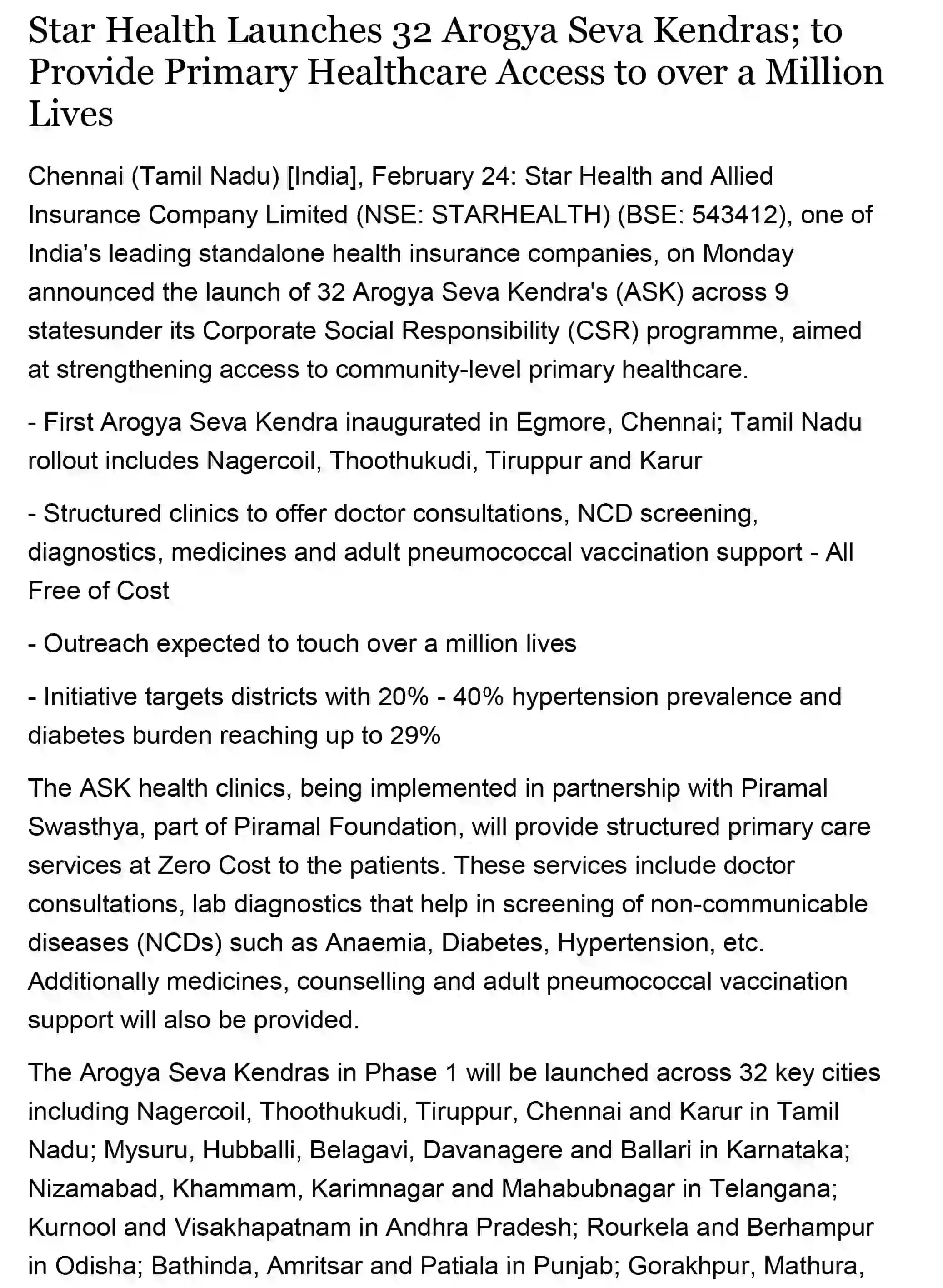 Star Health Launches 32 Arogya Seva Kendras; to Provide Primary Healthcare Access to over a Million Lives