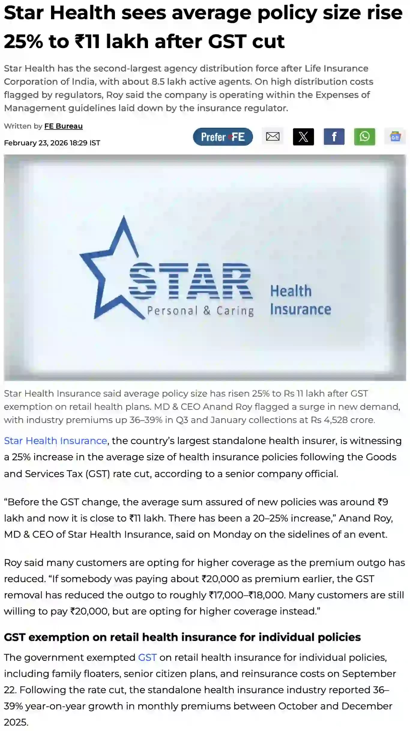 Star Health sees average policy size rise 25% to ₹11 lakh after GST cut